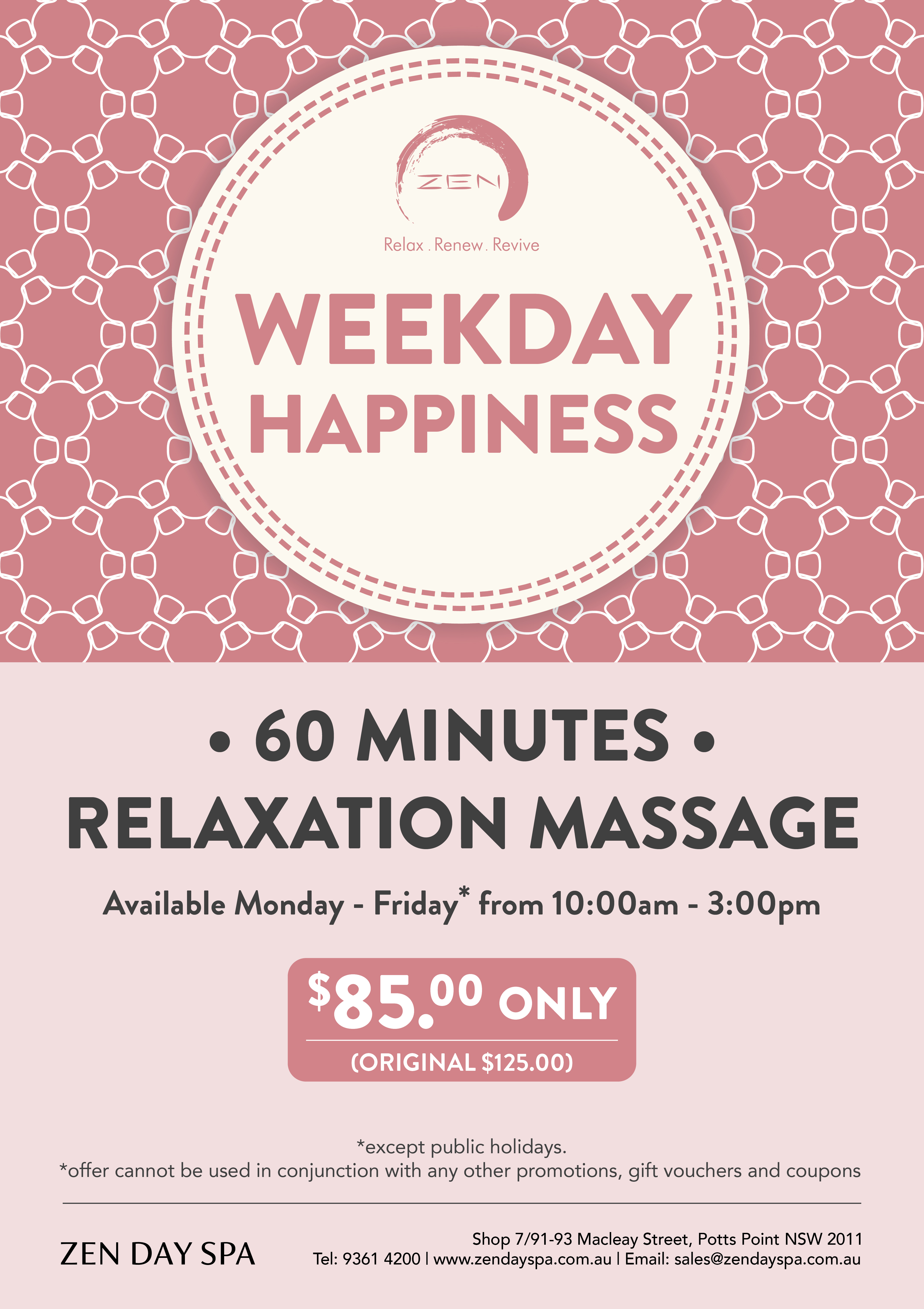 Weekday Happiness $85 60-minute Relaxation Massage promotion at Zen Day Spa Potts Point