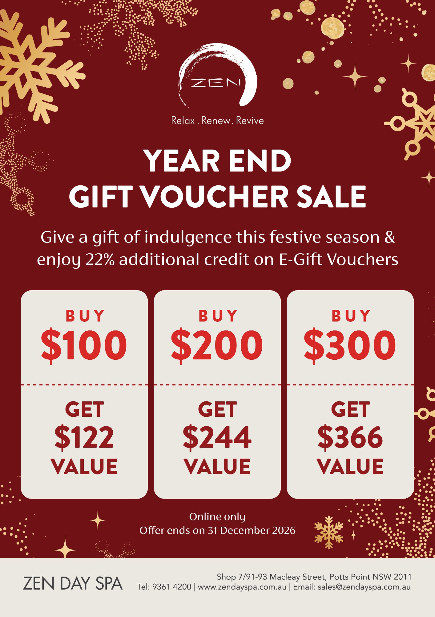 Year End Gift Voucher Sale — 22% extra credit at Zen Day Spa, Potts Point Sydney