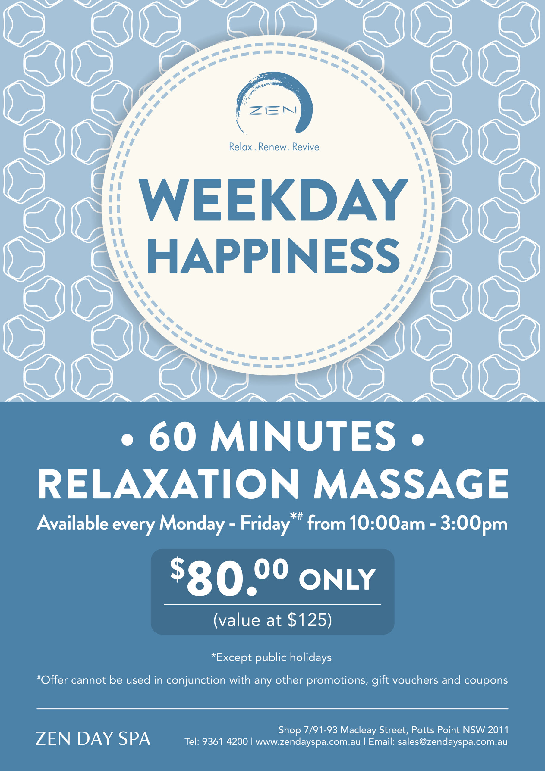 Weekday Happiness $80 60-minute Relaxation Massage promotion at Zen Day Spa Potts Point