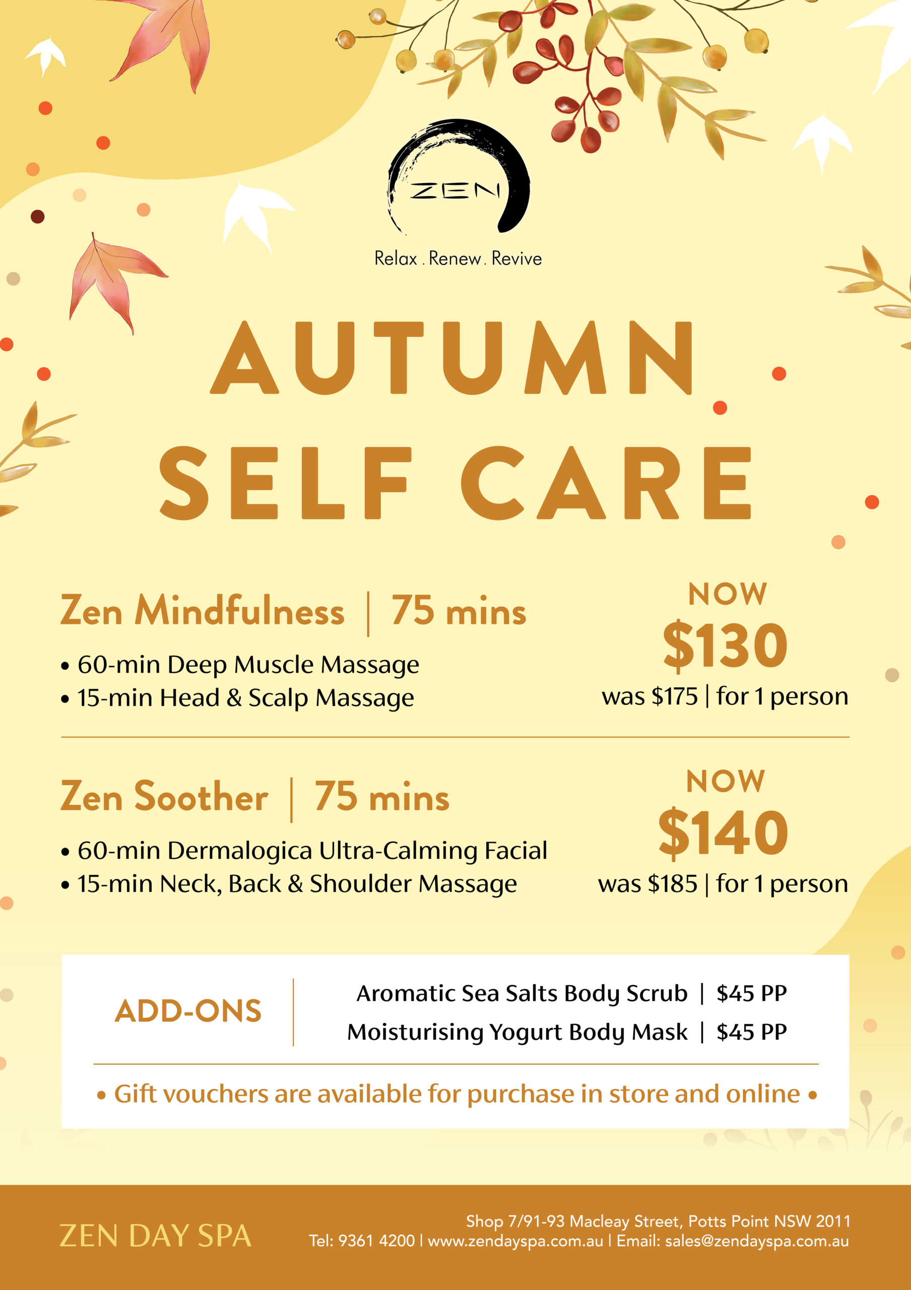 Zen Mindfulness Autumn Promotion (75 Minutes) at Zen Day Spa, Potts Point Sydney