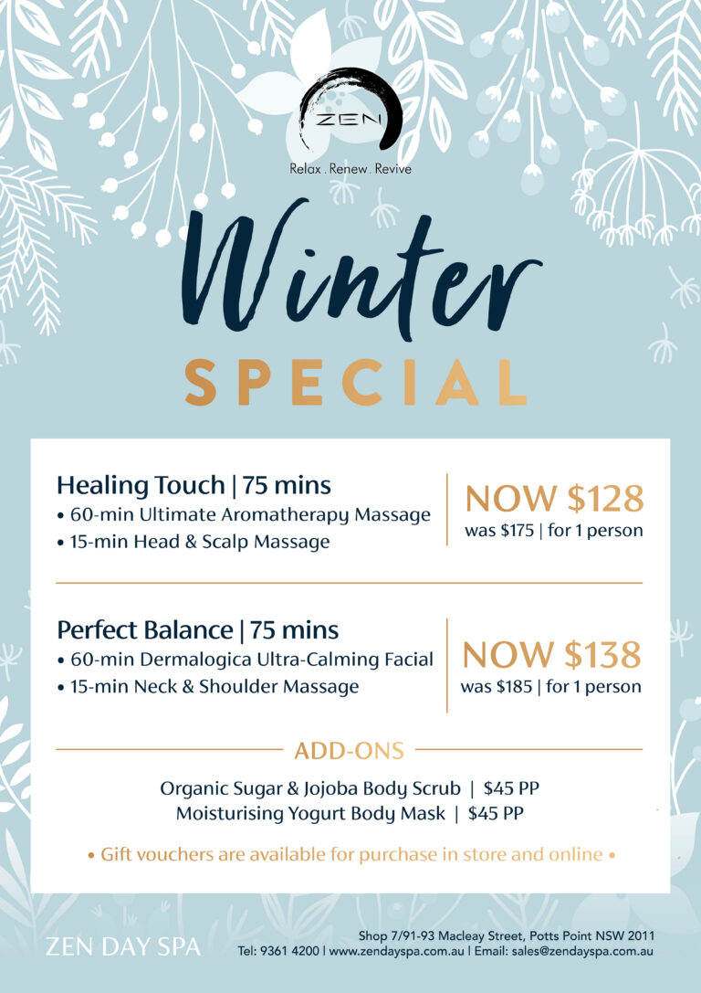 Zen Day Spa Winter Special promotion for massage and facial packages in Potts Point Sydney