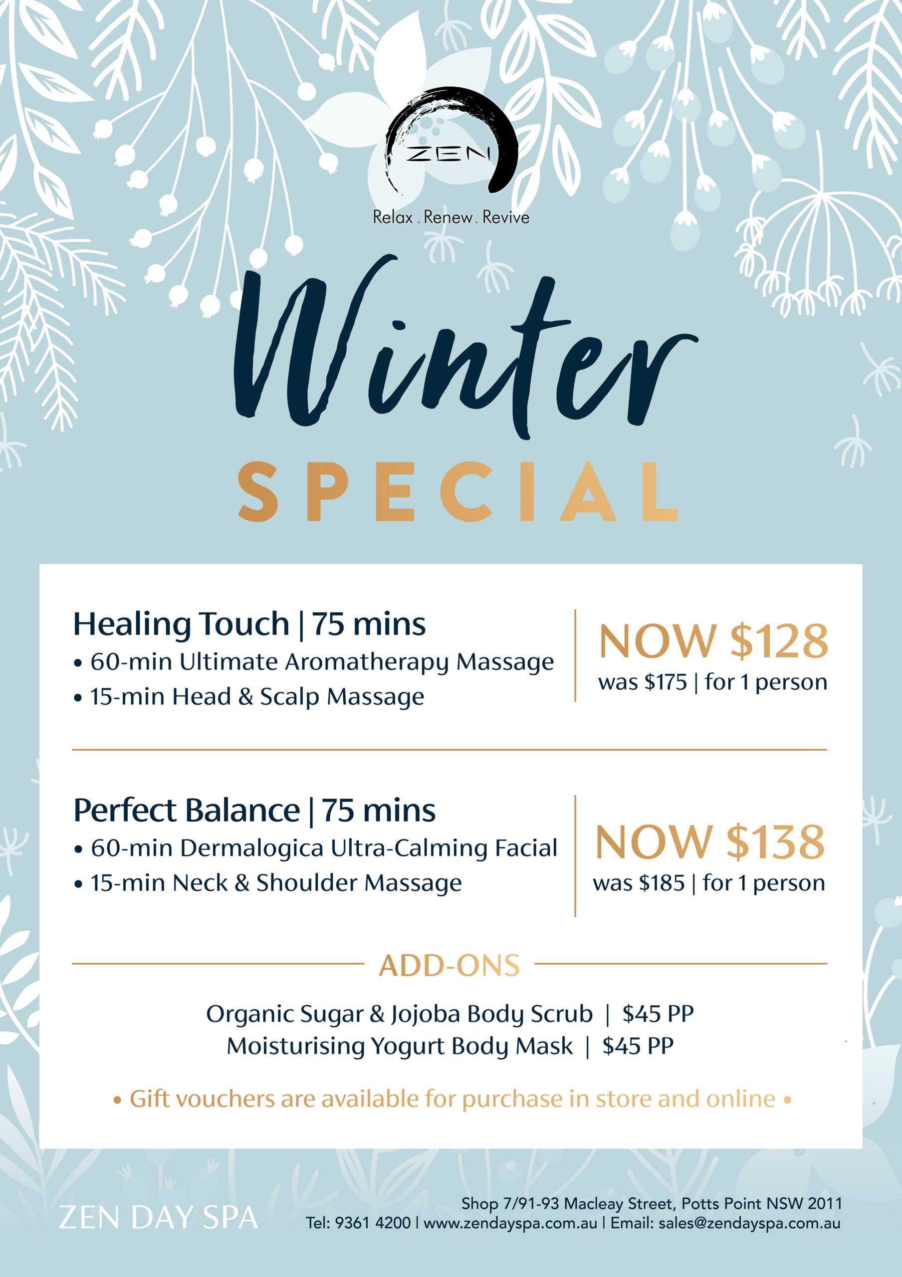 Zen Day Spa Winter Special promotion for massage and facial packages in Potts Point Sydney